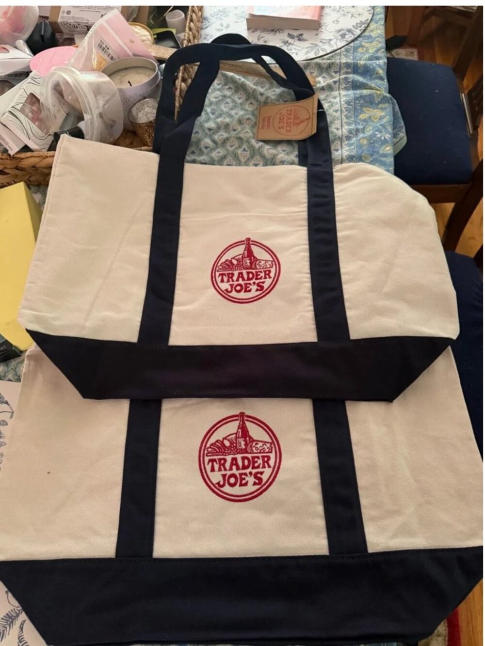NWT Set of 2 Trader Joe's Cream and Navy Canvas Tote Bags